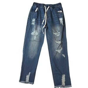 Belinda Womens Distressed Denim Joggers Medium Wash Ripped Jeans Drawstring M